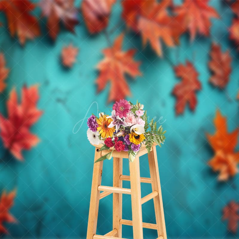 Aperturee - Aperturee Gradient Aqua Fallen Maple Leaves Photo Backdrop