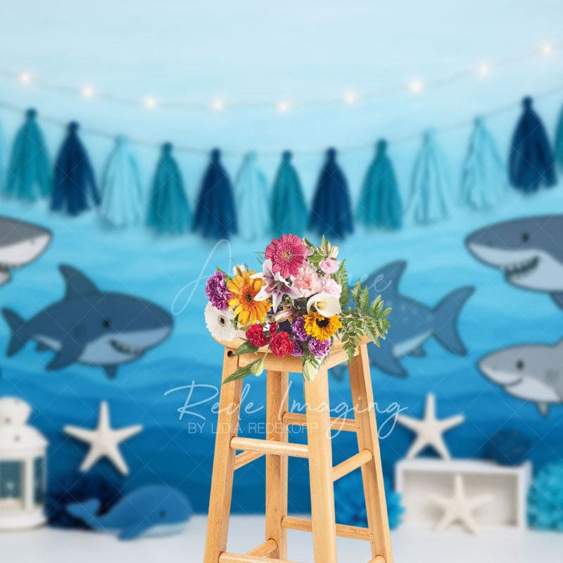 Aperturee - Aperturee Gradient Blue Baby Shark Ocean Cake Smash Backdrop