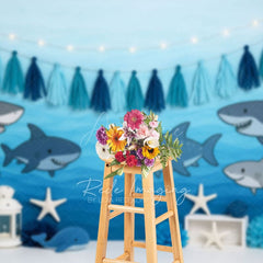 Aperturee - Aperturee Gradient Blue Baby Shark Ocean Cake Smash Backdrop