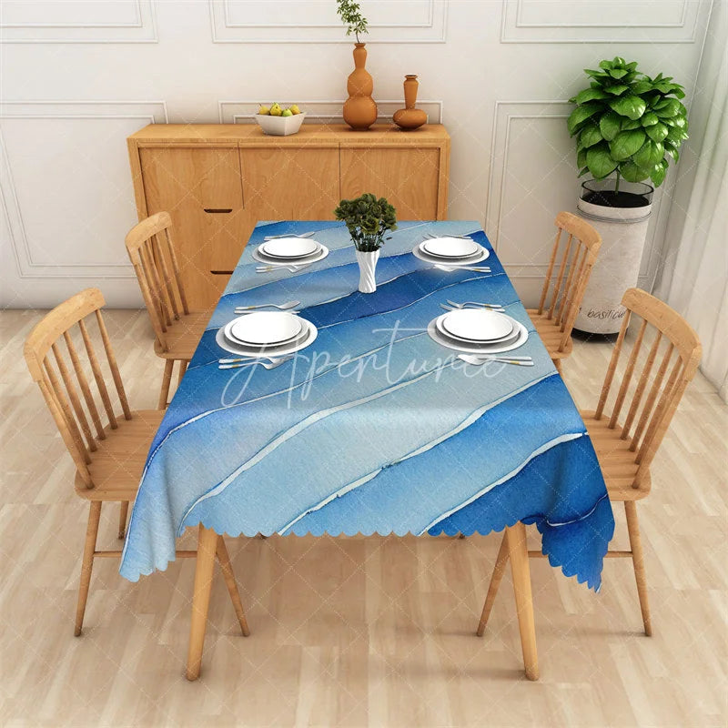 Aperturee - Aperturee Gradient Blue Watercolor Wavy Stripe Rectangle Tablecloth Artistic Ocean Theme Party Decor