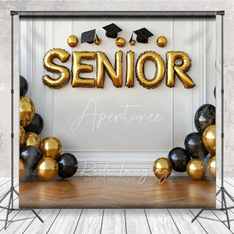 Aperturee - Aperturee Graduation Senior Backdrop with Gold and Black Balloons Class of 2026 Celebration Party Background