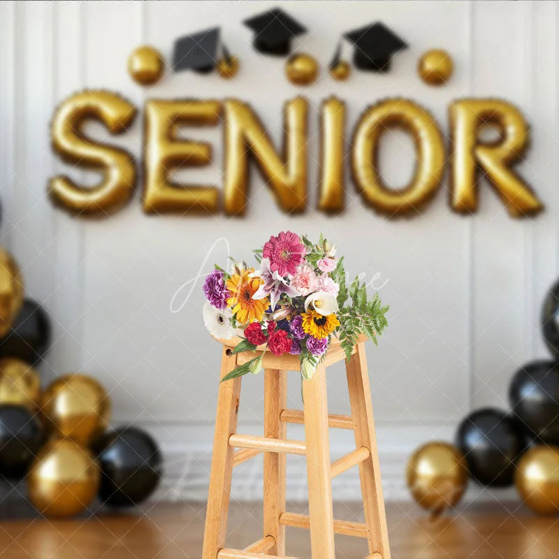 Aperturee - Aperturee Graduation Senior Backdrop with Gold and Black Balloons Class of 2026 Celebration Party Background