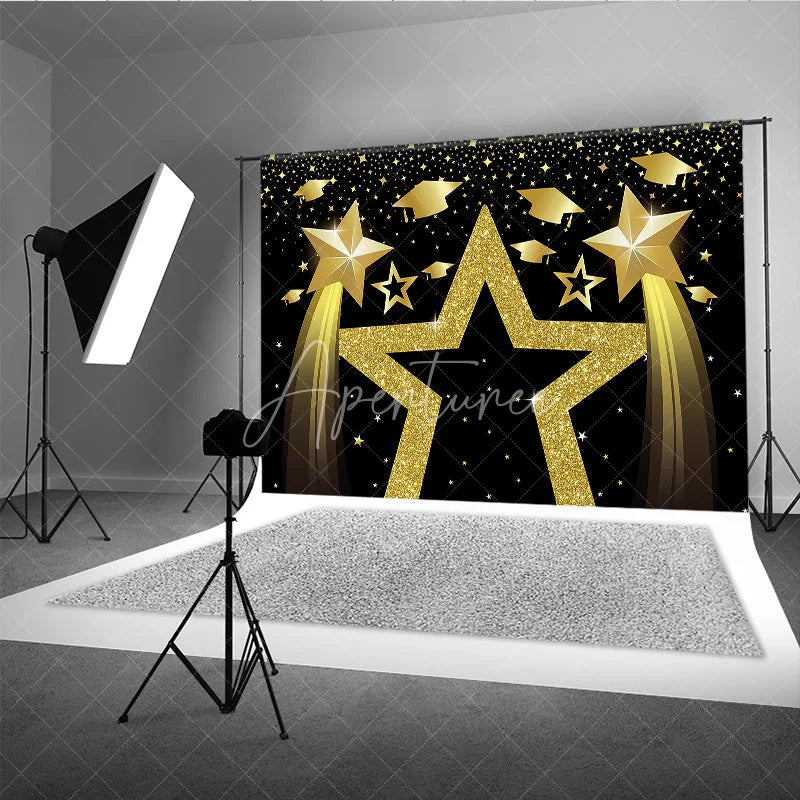 Aperturee - Aperturee Graduation Stars Backdrop Golden Glitter Graduation Caps Party Supplies for Class of 2026