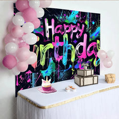 Aperturee - Aperturee Graffiti Happy Birthday Backdrop Neon Paint Splatter Banner 80s 90s Hip Hop Theme Party Decorations for Kids Teens