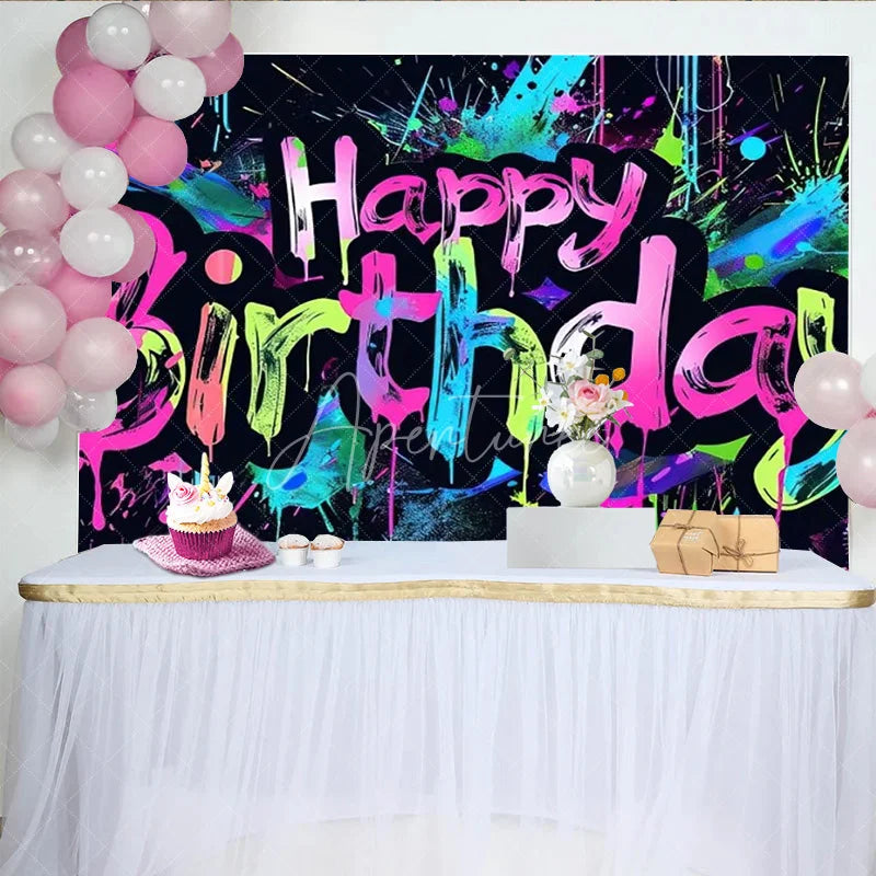 Aperturee - Aperturee Graffiti Happy Birthday Backdrop Neon Paint Splatter Banner 80s 90s Hip Hop Theme Party Decorations for Kids Teens