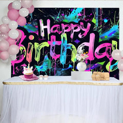 Aperturee - Aperturee Graffiti Happy Birthday Backdrop Neon Paint Splatter Banner 80s 90s Hip Hop Theme Party Decorations for Kids Teens