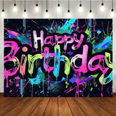 Aperturee - Aperturee Graffiti Happy Birthday Backdrop Neon Paint Splatter Banner 80s 90s Hip Hop Theme Party Decorations for Kids Teens