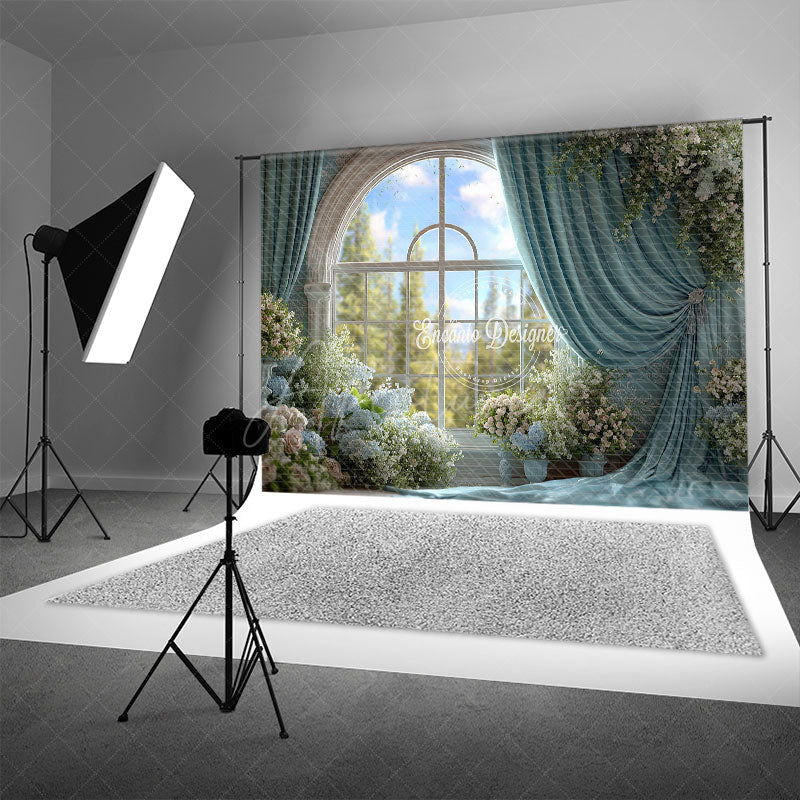 Aperturee - Aperturee Grand Ballroom Window Photography Backdrop with Blue Drapes Elegant Floral Wedding Ceremony Background