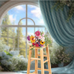 Aperturee - Aperturee Grand Ballroom Window Photography Backdrop with Blue Drapes Elegant Floral Wedding Ceremony Background