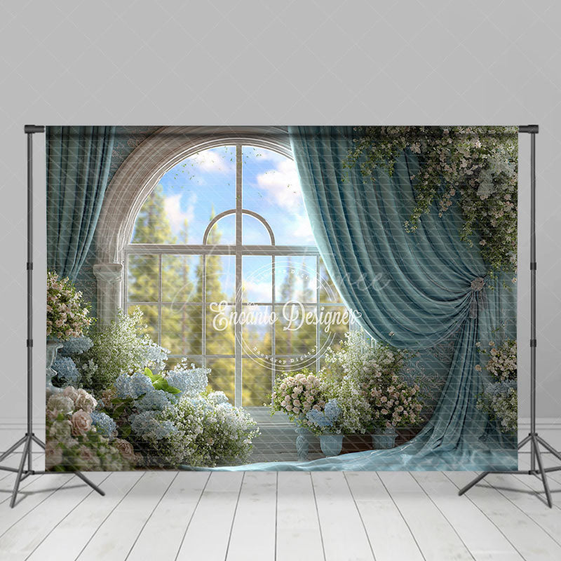 Aperturee - Aperturee Grand Ballroom Window Photography Backdrop with Blue Drapes Elegant Floral Wedding Ceremony Background