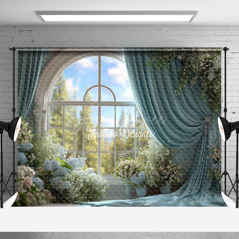 Aperturee - Aperturee Grand Ballroom Window Photography Backdrop with Blue Drapes Elegant Floral Wedding Ceremony Background