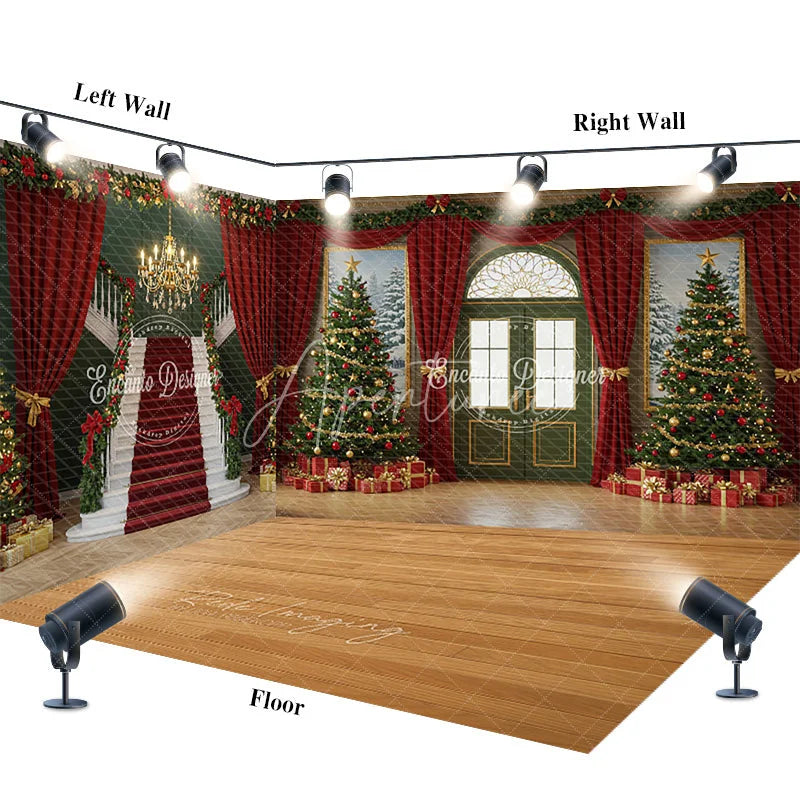 Aperturee - Aperturee Grand Christmas Ballroom Room Set Backdrop Red Carpet Staircase with Green Walls Elegant Holiday Photo Studio