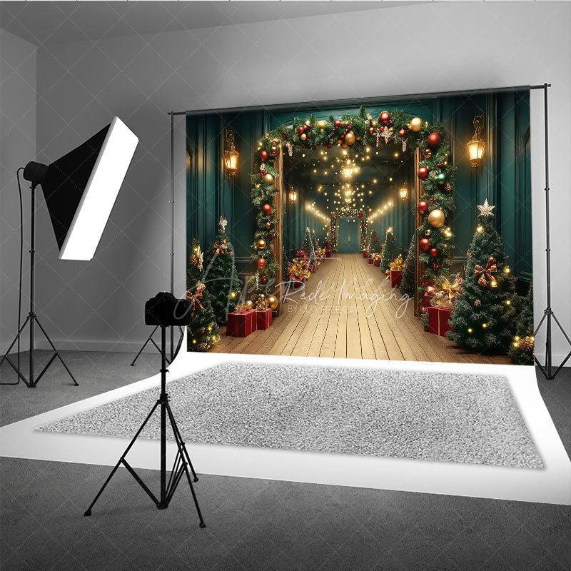 Aperturee - Aperturee Grand Christmas Hallway Photography Backdrop Elegant Garland and String Lights Holiday Party Photo Background