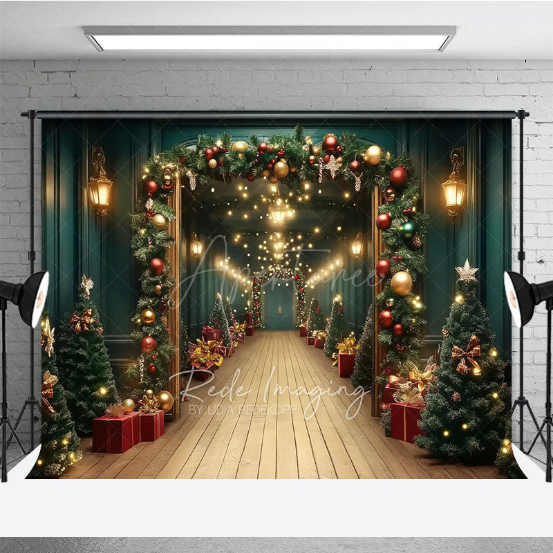 Aperturee - Aperturee Grand Christmas Hallway Photography Backdrop Elegant Garland and String Lights Holiday Party Photo Background
