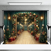 Aperturee - Aperturee Grand Christmas Hallway Photography Backdrop Elegant Garland and String Lights Holiday Party Photo Background