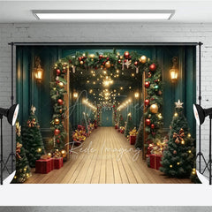 Aperturee - Aperturee Grand Christmas Hallway Photography Backdrop Elegant Garland and String Lights Holiday Party Photo Background