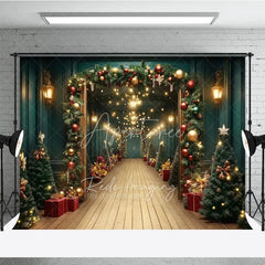 Aperturee - Aperturee Grand Christmas Hallway Photography Backdrop Elegant Garland and String Lights Holiday Party Photo Background