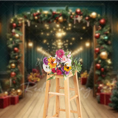 Aperturee - Aperturee Grand Christmas Hallway Photography Backdrop Elegant Garland and String Lights Holiday Party Photo Background