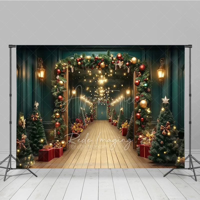 Aperturee - Aperturee Grand Christmas Hallway Photography Backdrop Elegant Garland and String Lights Holiday Party Photo Background