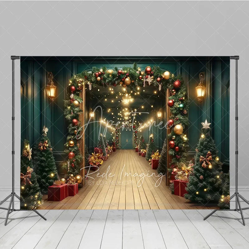 Aperturee - Aperturee Grand Christmas Hallway Photography Backdrop Elegant Garland and String Lights Holiday Party Photo Background