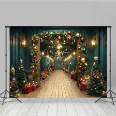 Aperturee - Aperturee Grand Christmas Hallway Photography Backdrop Elegant Garland and String Lights Holiday Party Photo Background