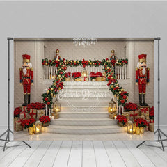 Aperturee - Aperturee Grand Christmas Staircase Photography Backdrop Nutcrackers and Poinsettia Decor Elegant Holiday Background