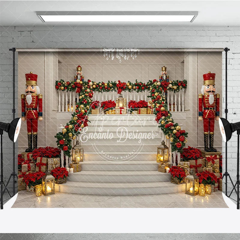 Aperturee - Aperturee Grand Christmas Staircase Photography Backdrop Nutcrackers and Poinsettia Decor Elegant Holiday Background
