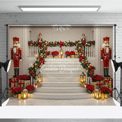 Aperturee - Aperturee Grand Christmas Staircase Photography Backdrop Nutcrackers and Poinsettia Decor Elegant Holiday Background
