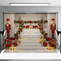 Aperturee - Aperturee Grand Christmas Staircase Photography Backdrop Nutcrackers and Poinsettia Decor Elegant Holiday Background
