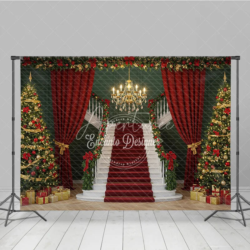 Aperturee - Aperturee Grand Christmas Staircase Photography Backdrop Red Carpet with Green Walls Elegant Holiday Photo Background