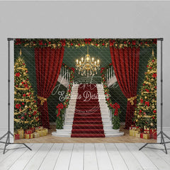 Aperturee - Aperturee Grand Christmas Staircase Photography Backdrop Red Carpet with Green Walls Elegant Holiday Photo Background