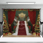 Aperturee - Aperturee Grand Christmas Staircase Photography Backdrop Red Carpet with Green Walls Elegant Holiday Photo Background