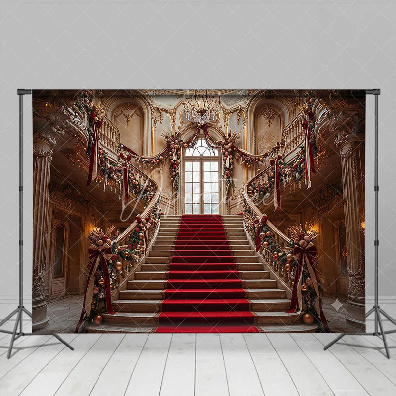 Aperturee - Aperturee Grand Christmas Staircase Photography Backdrop with Red Carpet and Gold Ornaments Elegant Holiday Party Decor