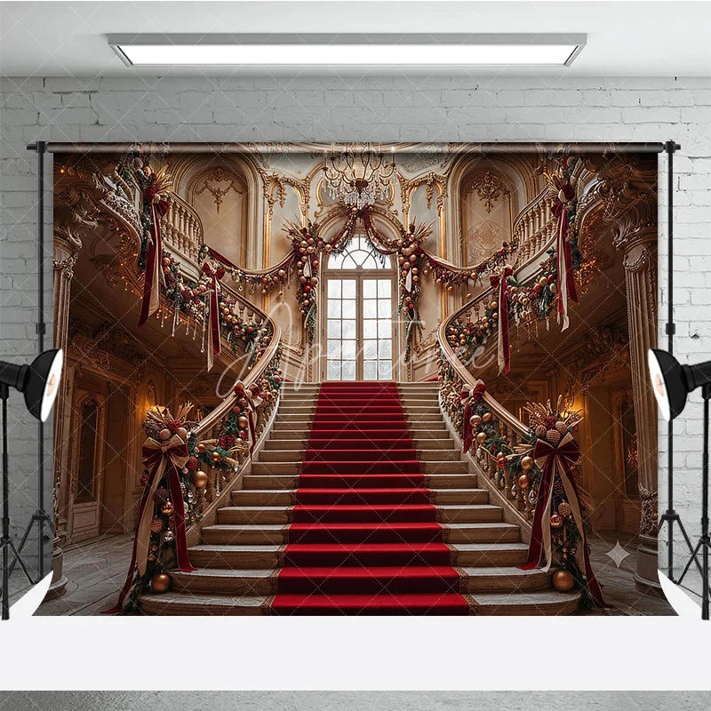 Aperturee - Aperturee Grand Christmas Staircase Photography Backdrop with Red Carpet and Gold Ornaments Elegant Holiday Party Decor