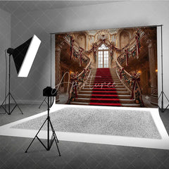 Aperturee - Aperturee Grand Christmas Staircase Photography Backdrop with Red Carpet and Gold Ornaments Elegant Holiday Party Decor