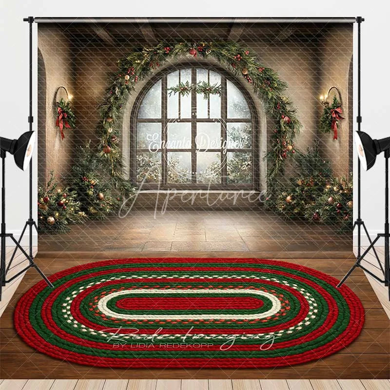 Aperturee - Aperturee Grand Christmas Window Combo Set Backdrop Rustic Room with Holiday Garland Festive Braided Rug Photo Floor