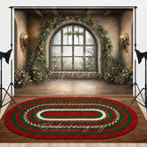 Aperturee - Aperturee Grand Christmas Window Combo Set Backdrop Rustic Room with Holiday Garland Festive Braided Rug Photo Floor