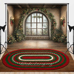 Aperturee - Aperturee Grand Christmas Window Combo Set Backdrop Rustic Room with Holiday Garland Festive Braided Rug Photo Floor