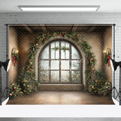 Aperturee - Aperturee Grand Christmas Window Combo Set Backdrop Rustic Room with Holiday Garland Festive Braided Rug Photo Floor