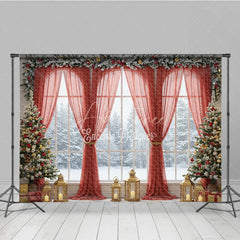 Aperturee - Aperturee Grand Christmas Window Photography Backdrop Red Curtains with Snowy View Elegant Holiday Mini Session Background