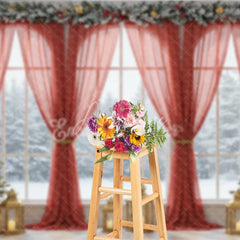 Aperturee - Aperturee Grand Christmas Window Photography Backdrop Red Curtains with Snowy View Elegant Holiday Mini Session Background