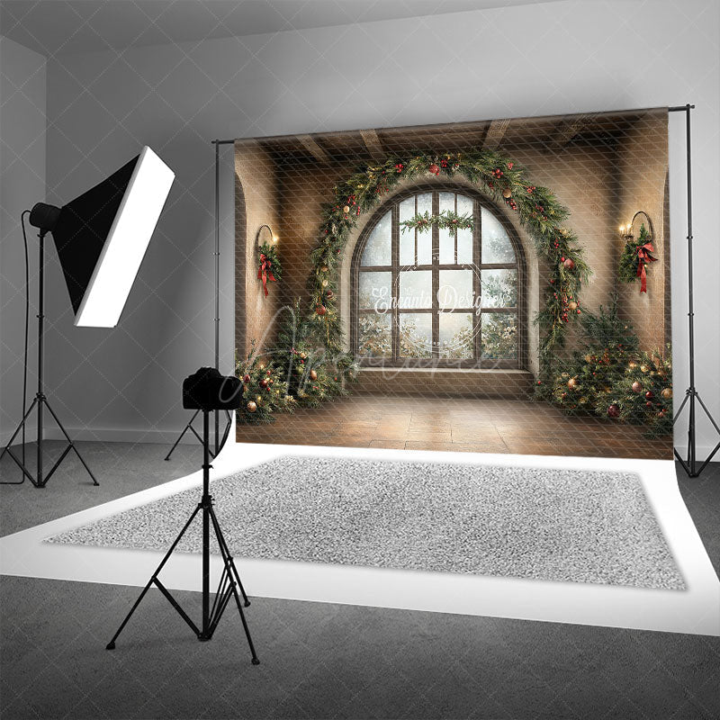 Aperturee - Aperturee Grand Christmas Window Photography Backdrop with Garland and Trees Elegant Holiday Mini Session Background