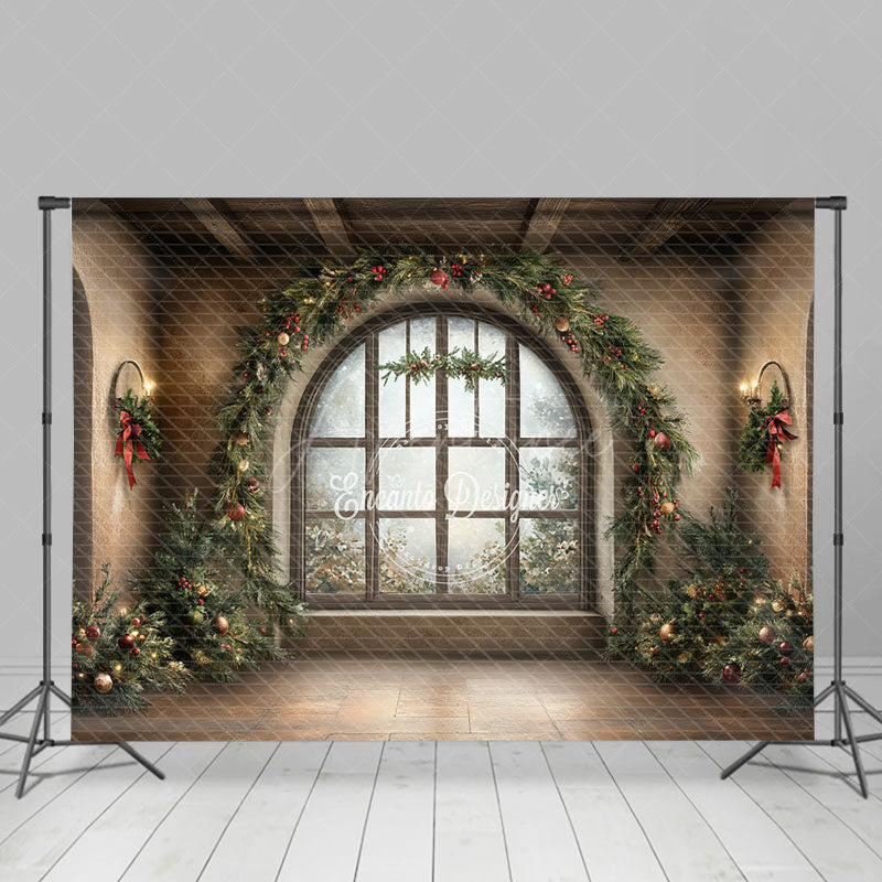 Aperturee - Aperturee Grand Christmas Window Photography Backdrop with Garland and Trees Elegant Holiday Mini Session Background