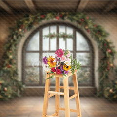Aperturee - Aperturee Grand Christmas Window Photography Backdrop with Garland and Trees Elegant Holiday Mini Session Background