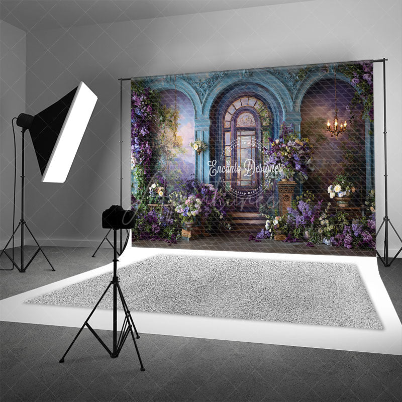 Aperturee - Aperturee Grand Conservatory Archway Photography Backdrop Purple Lilac Floral Decor Elegant Palace Wedding Background