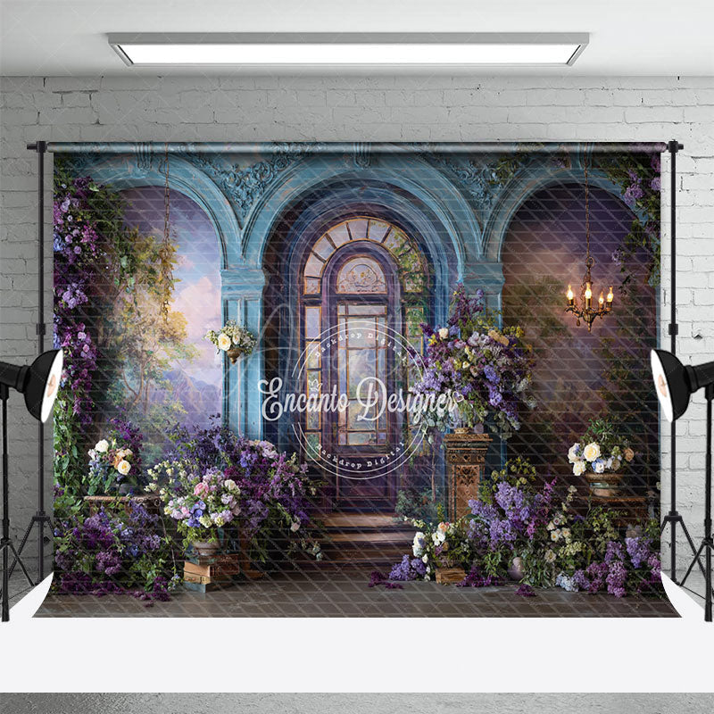 Aperturee - Aperturee Grand Conservatory Archway Photography Backdrop Purple Lilac Floral Decor Elegant Palace Wedding Background