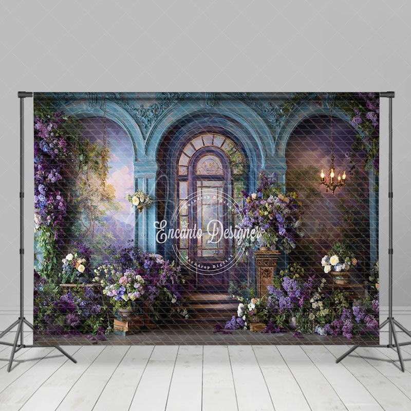 Aperturee - Aperturee Grand Conservatory Archway Photography Backdrop Purple Lilac Floral Decor Elegant Palace Wedding Background