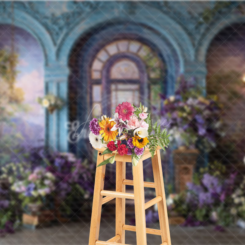 Aperturee - Aperturee Grand Conservatory Archway Photography Backdrop Purple Lilac Floral Decor Elegant Palace Wedding Background