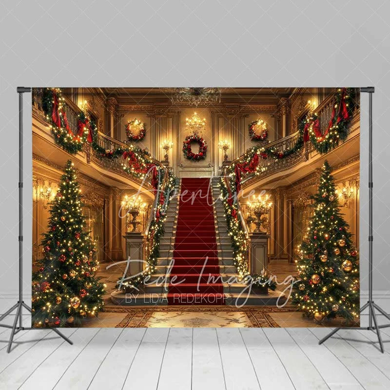 Aperturee - Aperturee Grand Palace Christmas Backdrop Red Carpet Staircase Gold Mansion Interior Photo Background