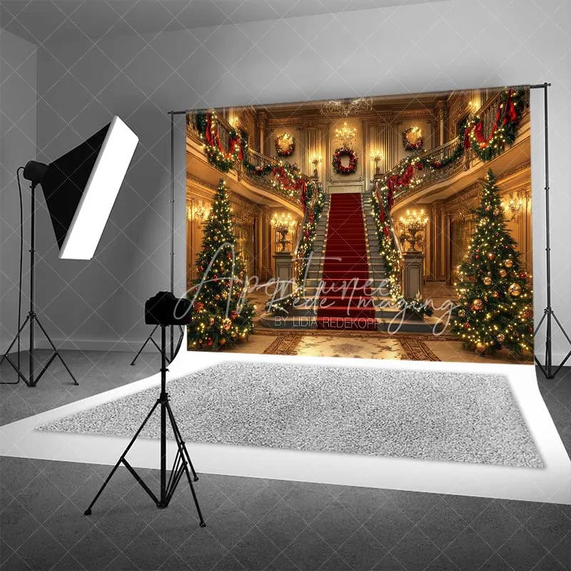 Aperturee - Aperturee Grand Palace Christmas Backdrop Red Carpet Staircase Gold Mansion Interior Photo Background